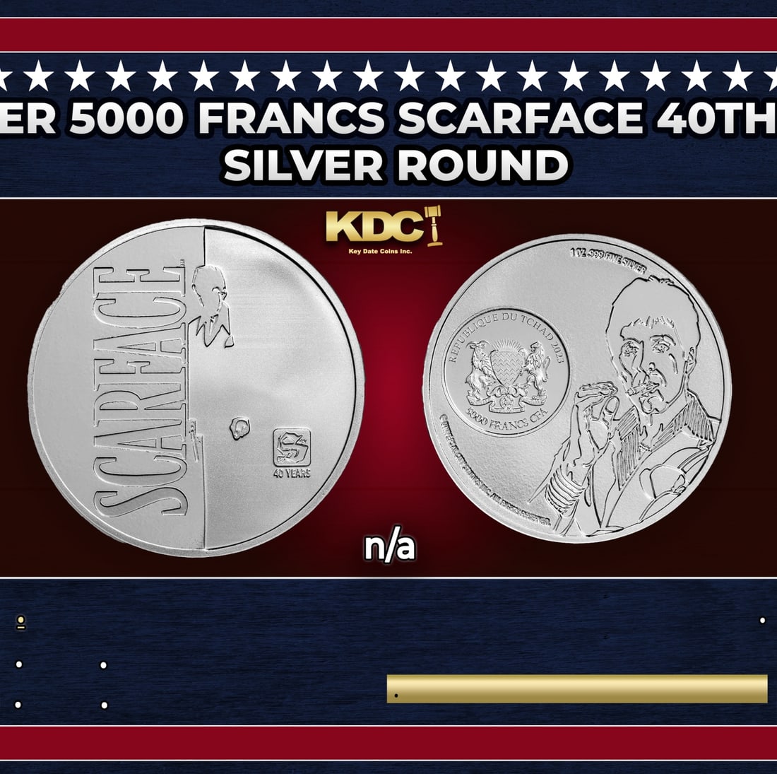 2023 Chad 1 oz Silver 5000 Francs Scarface 40th Anniversary Coin: 2023 Chad 1 oz Silver 5000 Francs Scarface 40th Anniversary Coin.