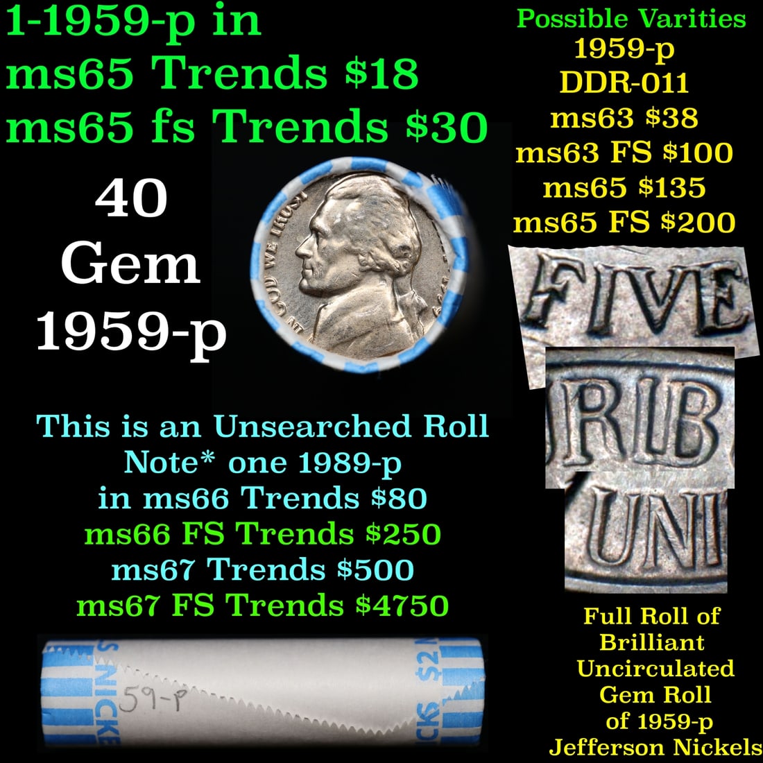 BU Shotgun Jefferson 5c roll, 1959-p 40 pcs Bank $2 Nickel Wrapper: BU Shotgun Jefferson 5c roll, 1959-p 40 pcs Bank $2 Nickel Wrapper.