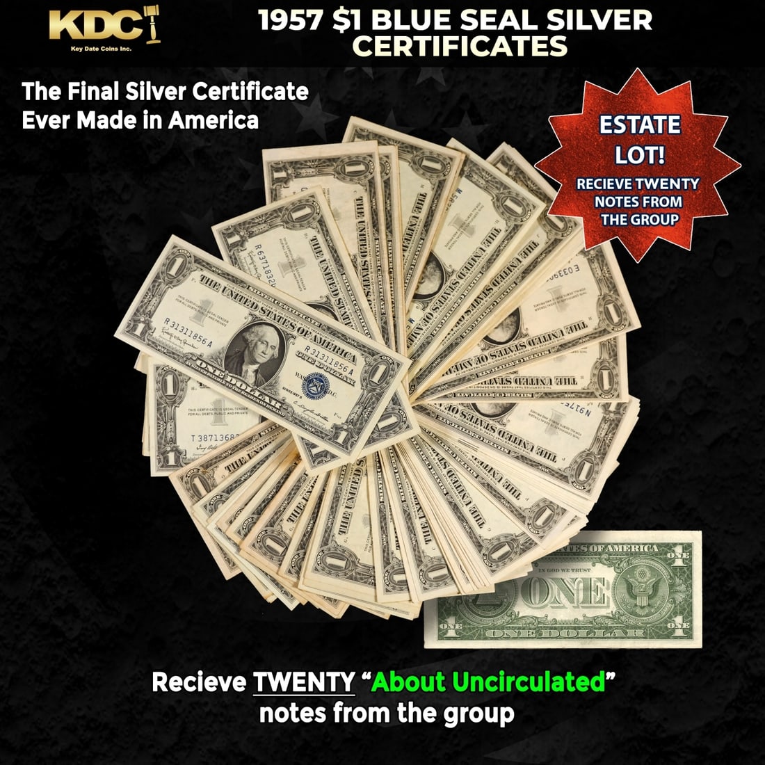 20x 1957 $1 Blue Seal Silver Certificates Grades AU: 20x 1957 $1 Blue Seal Silver Certificates Grades AU. Silver Certificates were redeemable in Silver. One of their most distinctive qualities is the blue Treasury seal and serial numbers. These notes in