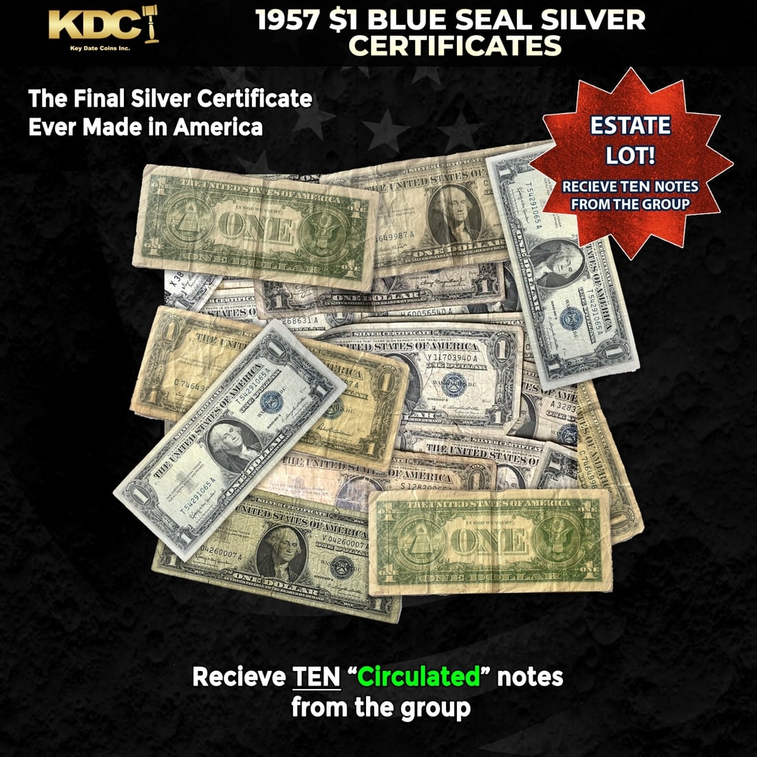 10x 1957 $1 Blue Seal Silver Certificates Circulated (1 of 1)