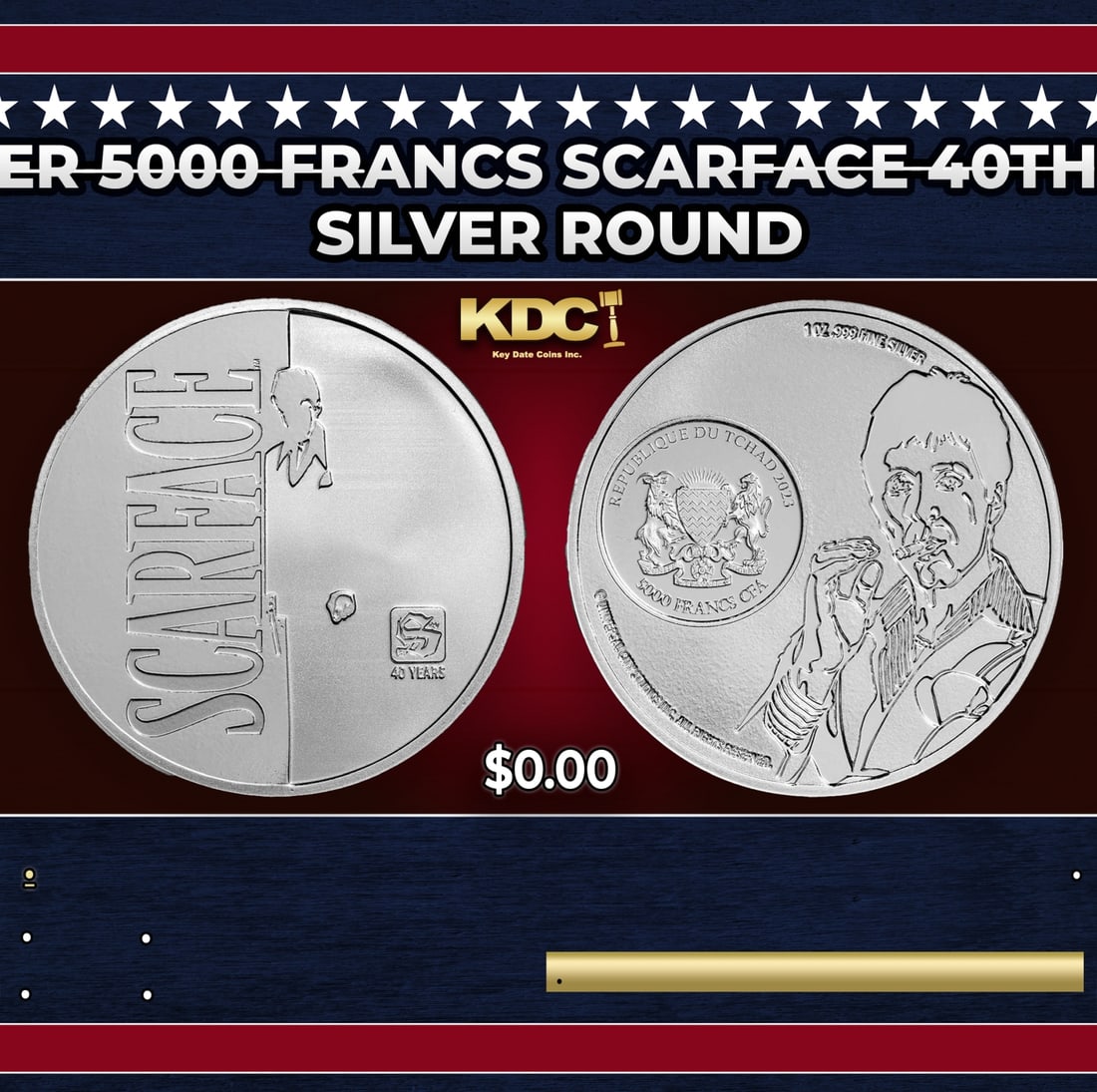 2023 Chad 1 oz Silver 5000 Francs Scarface 40th Anniversary Coin: 2023 Chad 1 oz Silver 5000 Francs Scarface 40th Anniversary Coin. This 1 oz Silver coin commemorates 40 years of the classic move, Scarface. Contains 1 oz of .999 fine silver.
