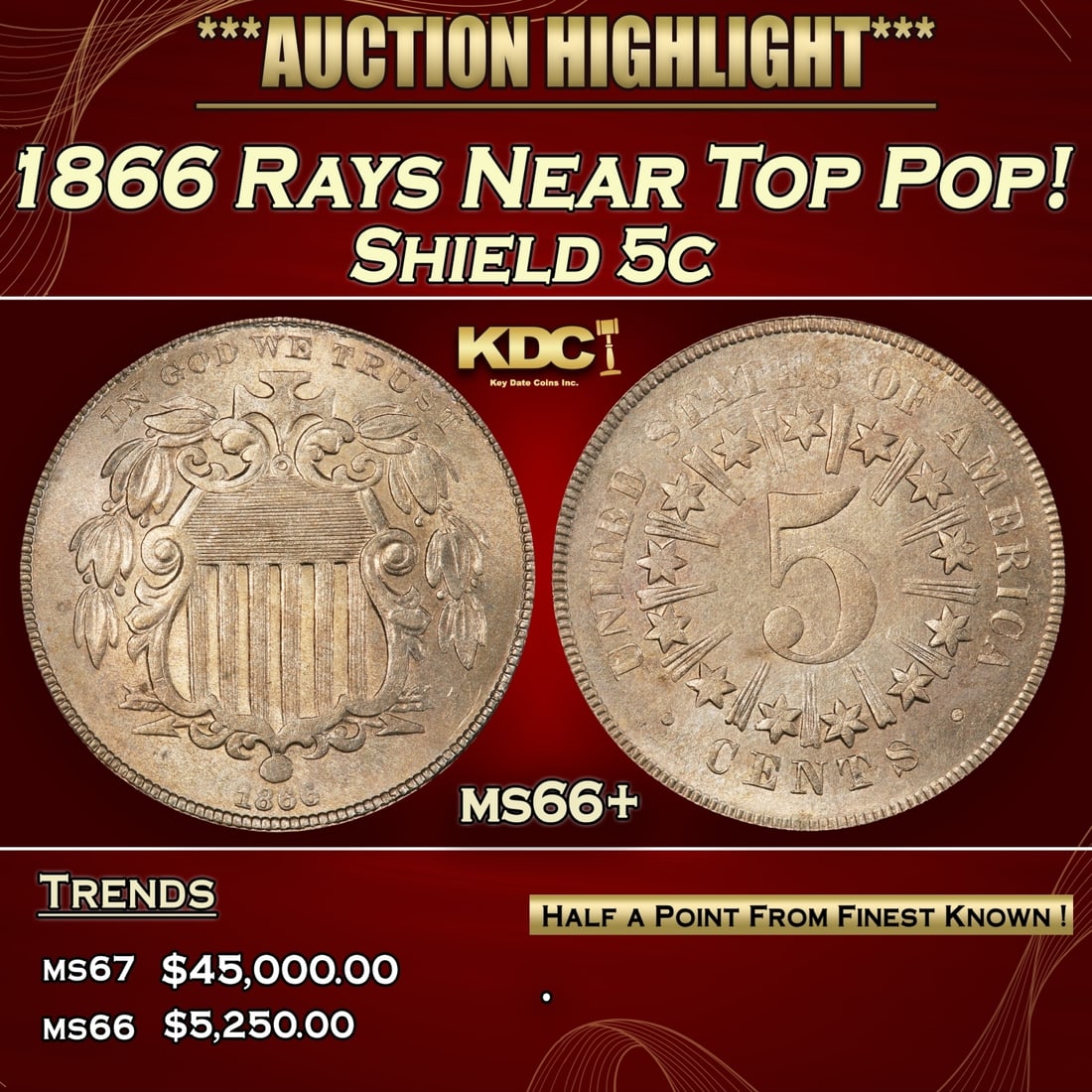 1866 Rays Shield Nickel Near Top Pop! 5c ms66+ SEGS (1 of 3)