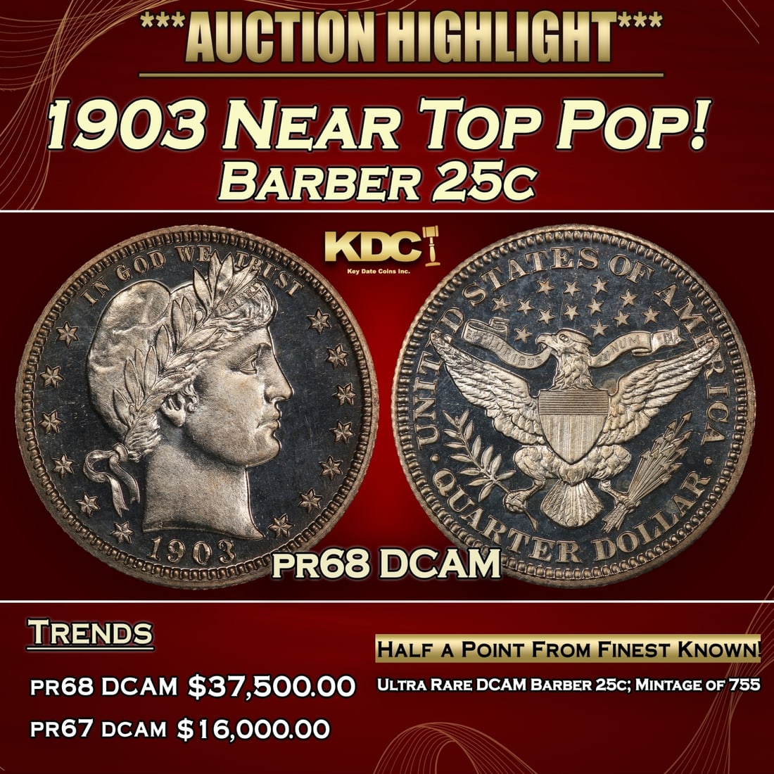 1903 Proof Barber Quarter Near Top Pop! 25c pr68 DCAM SEGS (1 of 3)