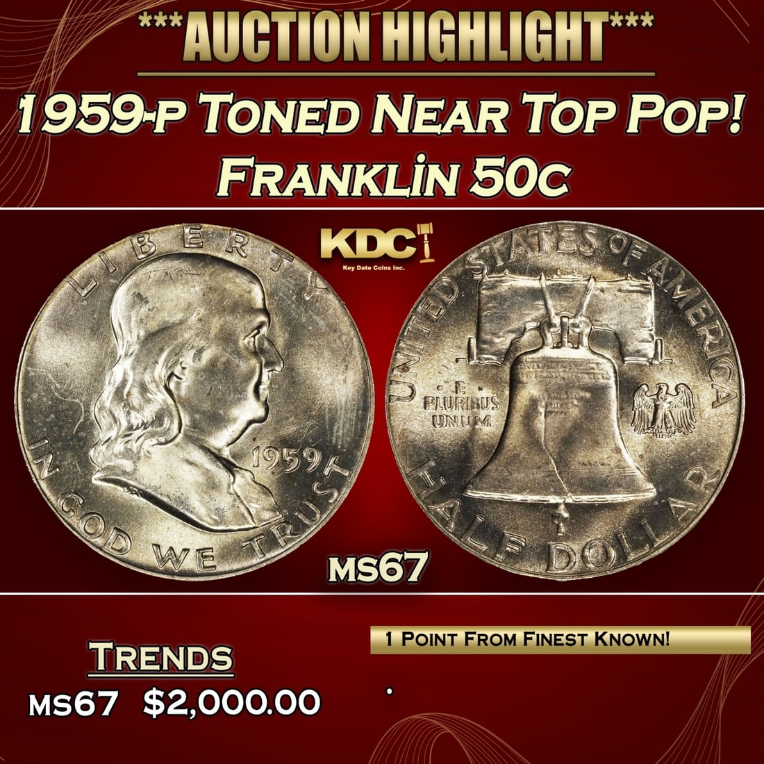 1959-p Franklin Half Dollar Toned Near Top Pop! 50c ms67 SEGS (1 of 3)