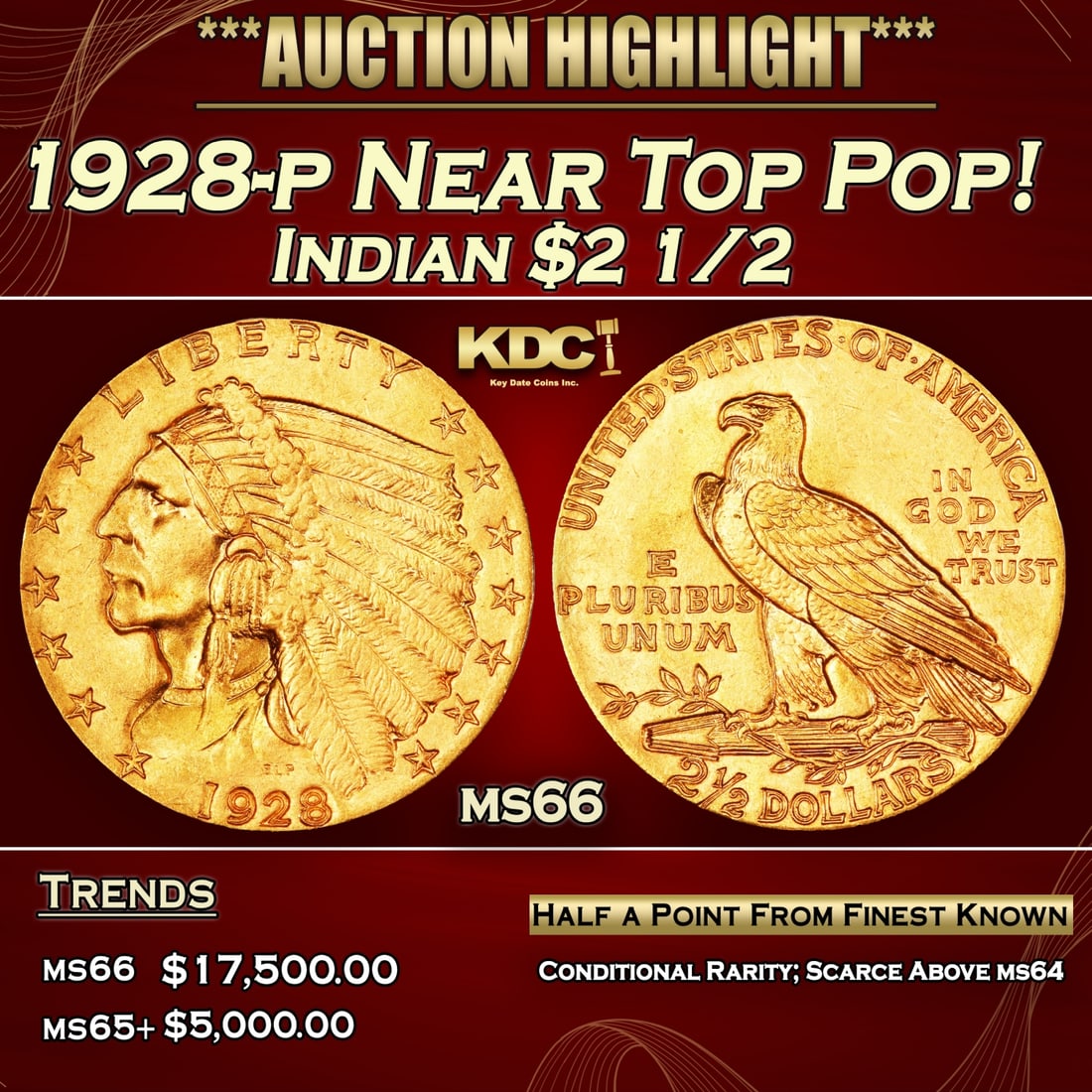 1928-p Gold Indian Quarter Eagle Near Top Pop! $2 1/2 ms66 USCG (1 of 3)