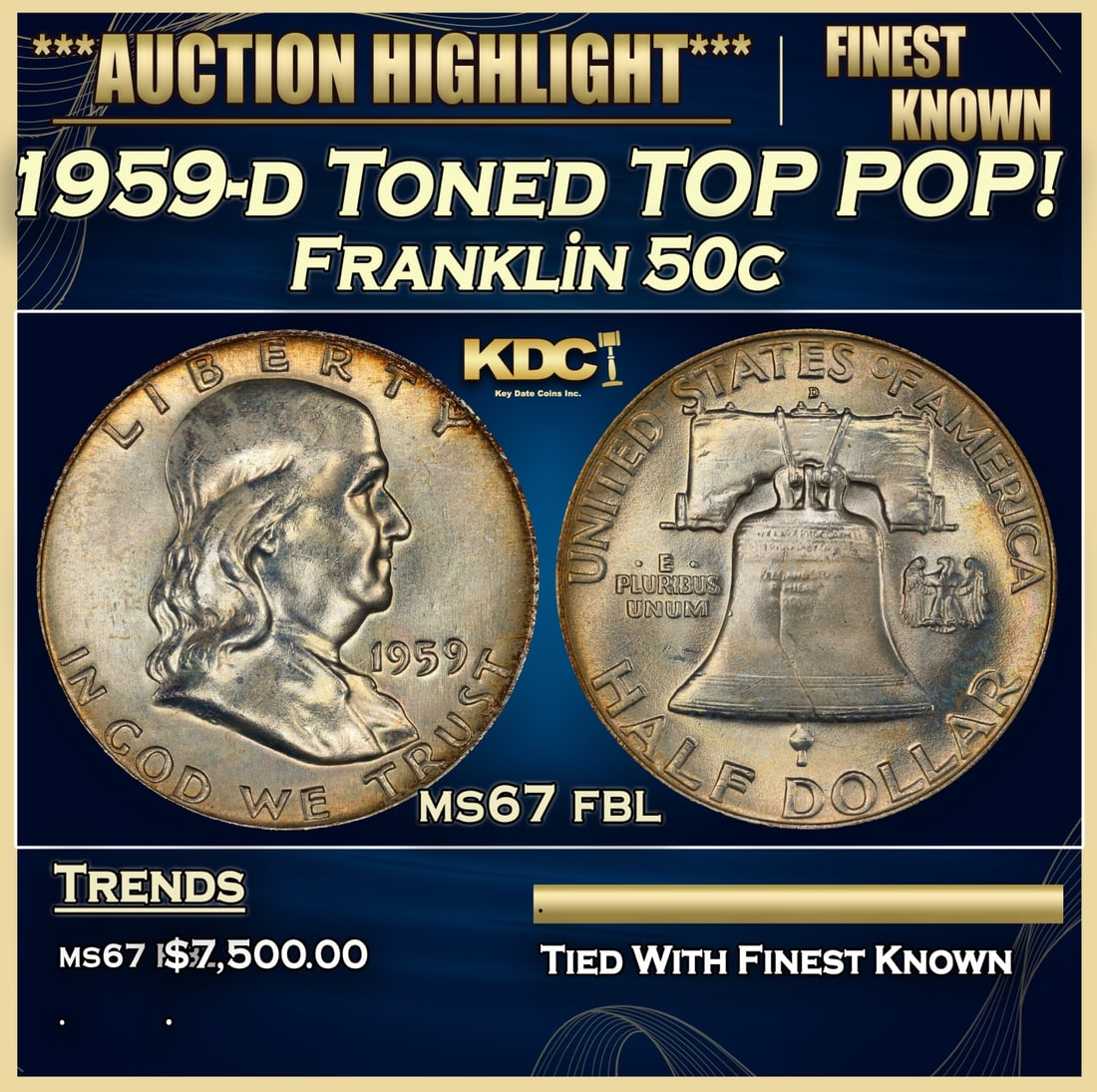 1959-d Franklin Half Dollar Toned TOP POP! 50c ms67 fbl SEGS (1 of 3)