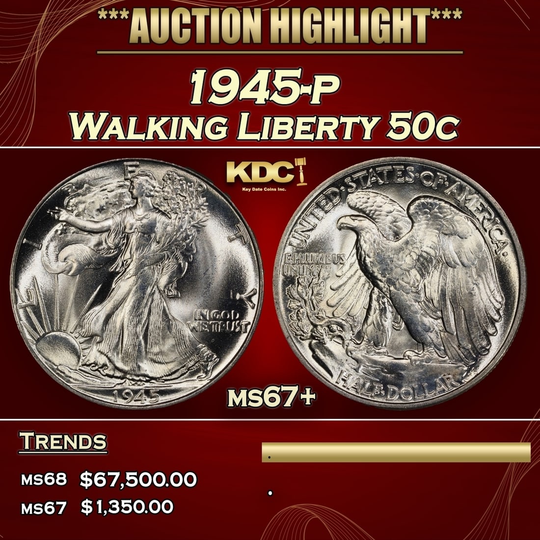 1945-p Walking Liberty Half Dollar 50c ms67+ SEGS: 1945-p Walking Liberty Half Dollar 50c ms67+ SEGS.