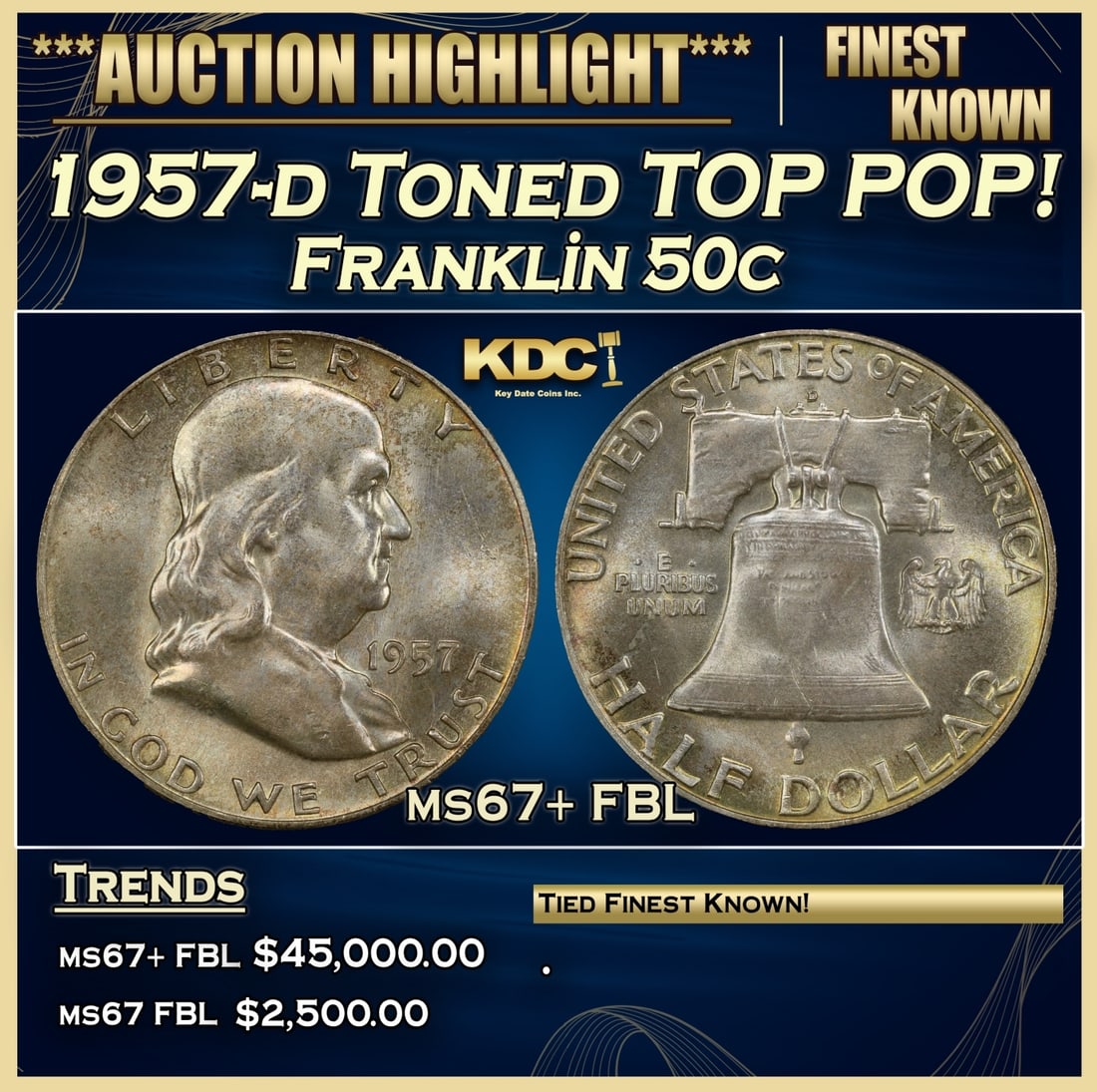 1957-d Franklin Half Dollar Toned TOP POP! 50c ms67+ FBL SEGS (1 of 3)