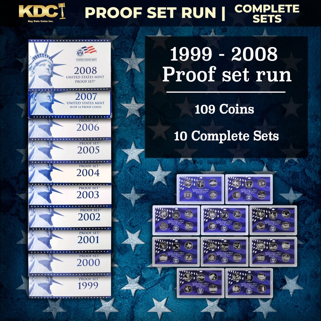 1999-2008 Proof Set Run - 109 Coins, Full 50 State Quarters Run 10 Complete Sets (1 of 11)