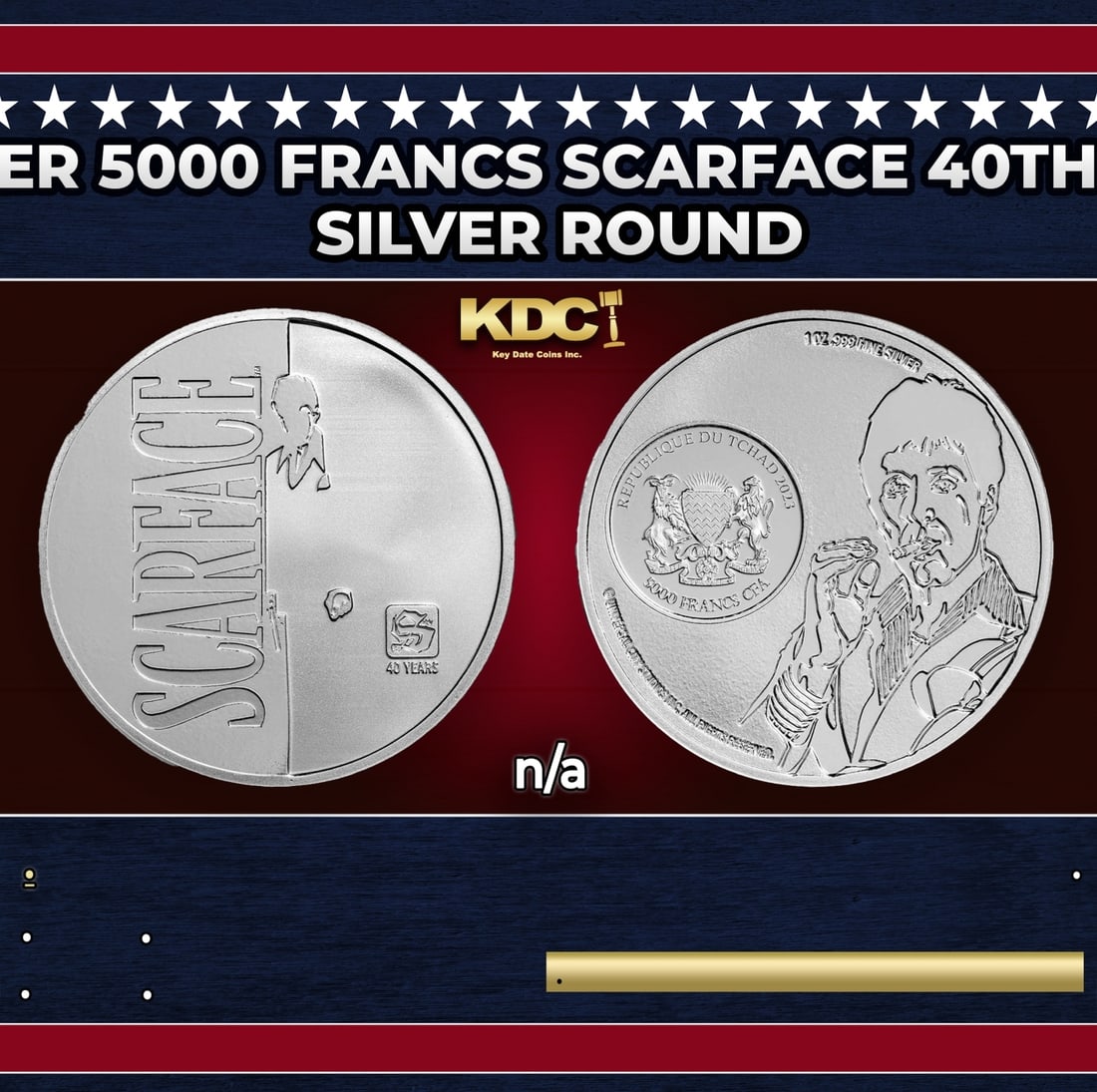 2023 Chad 1 oz Silver 5000 Francs Scarface 40th Anniversary Coin: 2023 Chad 1 oz Silver 5000 Francs Scarface 40th Anniversary Coin.