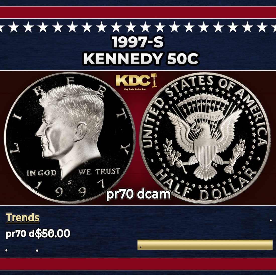 1997-s Proof Kennedy Half Dollar 50c pr70 dcam SEGS: 1997-s Kennedy Half Dollar 50c pr70 dcam SEGS.
