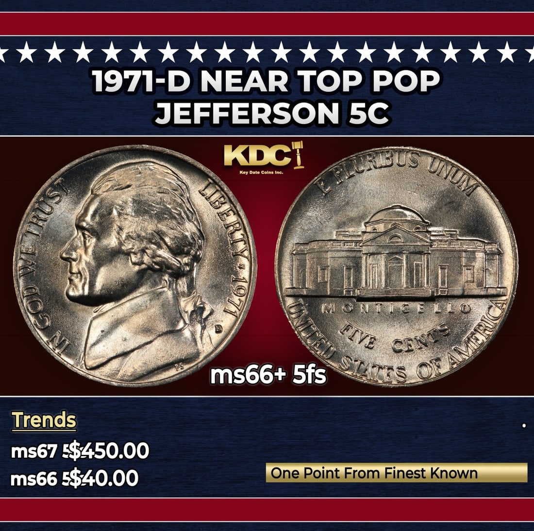 1971-d Jefferson Nickel Near Top Pop 5c ms66+ 5fs SEGS: 1971-d Near Top Pop Jefferson Nickel 5c ms66+ 5fs SEGS.