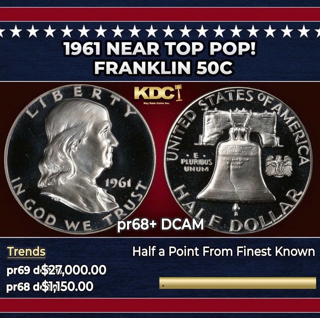 1961 Proof Franklin Half Dollar Near Top Pop! 50c pr68+ DCAM SEGS (1 of 3)