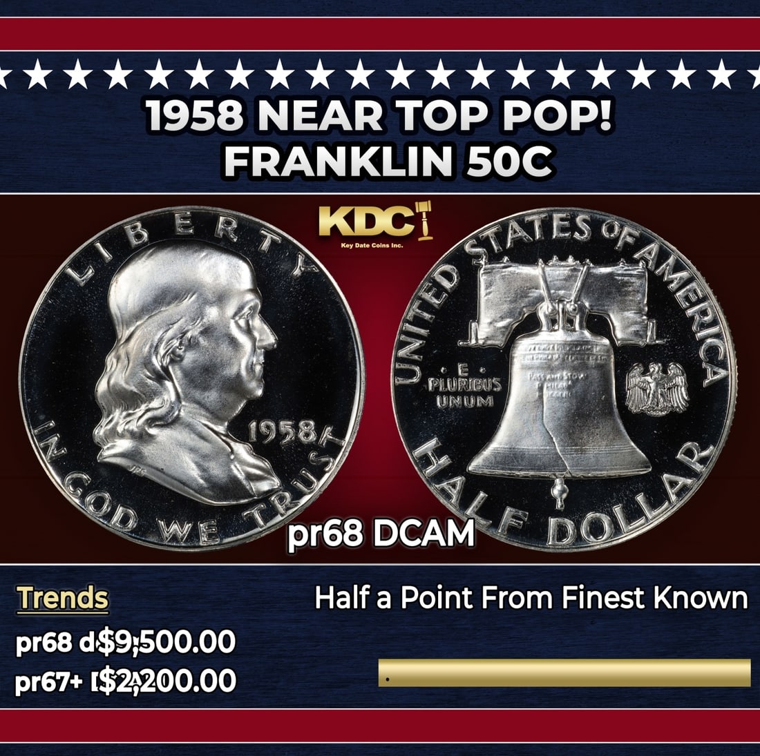 1958 Proof Franklin Half Dollar Near Top Pop! 50c pr68 DCAM SEGS: 1958 Near Top Pop! Franklin Half Dollar 50c pr68 DCAM SEGS.
