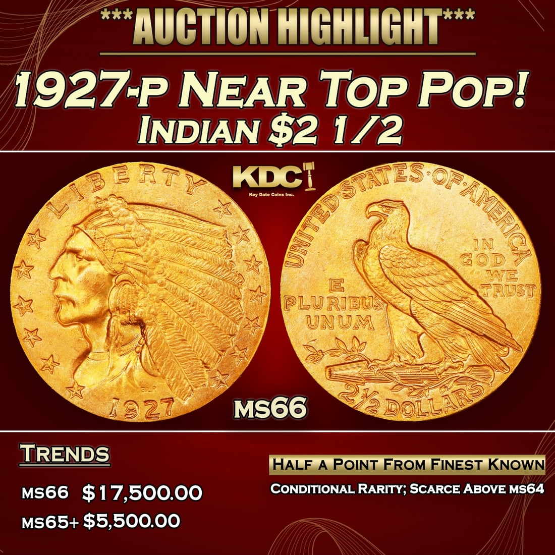 1927-p Gold Indian Quarter Eagle Near Top Pop! $2 1/2 ms66 USCG: 1927-p Near Top Pop! Gold Indian Quarter Eagle $2 1/2 ms66 USCG. Per David Akers of PCGS "The 1927 is similar in overall rarity to the 1926 and can be obtained without much difficulty in MS-65 or lowe