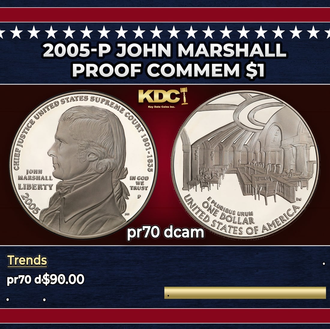 2005-P John Marshall Proof Modern Commem Dollar $1 pr70 dcam SEGS: 2005-P John Marshall Modern Commem Dollar $1 pr70 dcam SEGS.