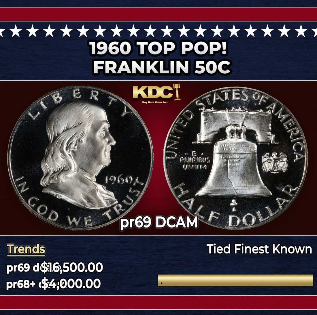 1960 Proof Franklin Half Dollar TOP POP! 50c pr69 DCAM SEGS: 1960 TOP POP! Franklin Half Dollar 50c pr69 DCAM SEGS. A new master die was put into use in 1960. The previous one had been used for an entire decade, causing many proofs from that era to lack contras