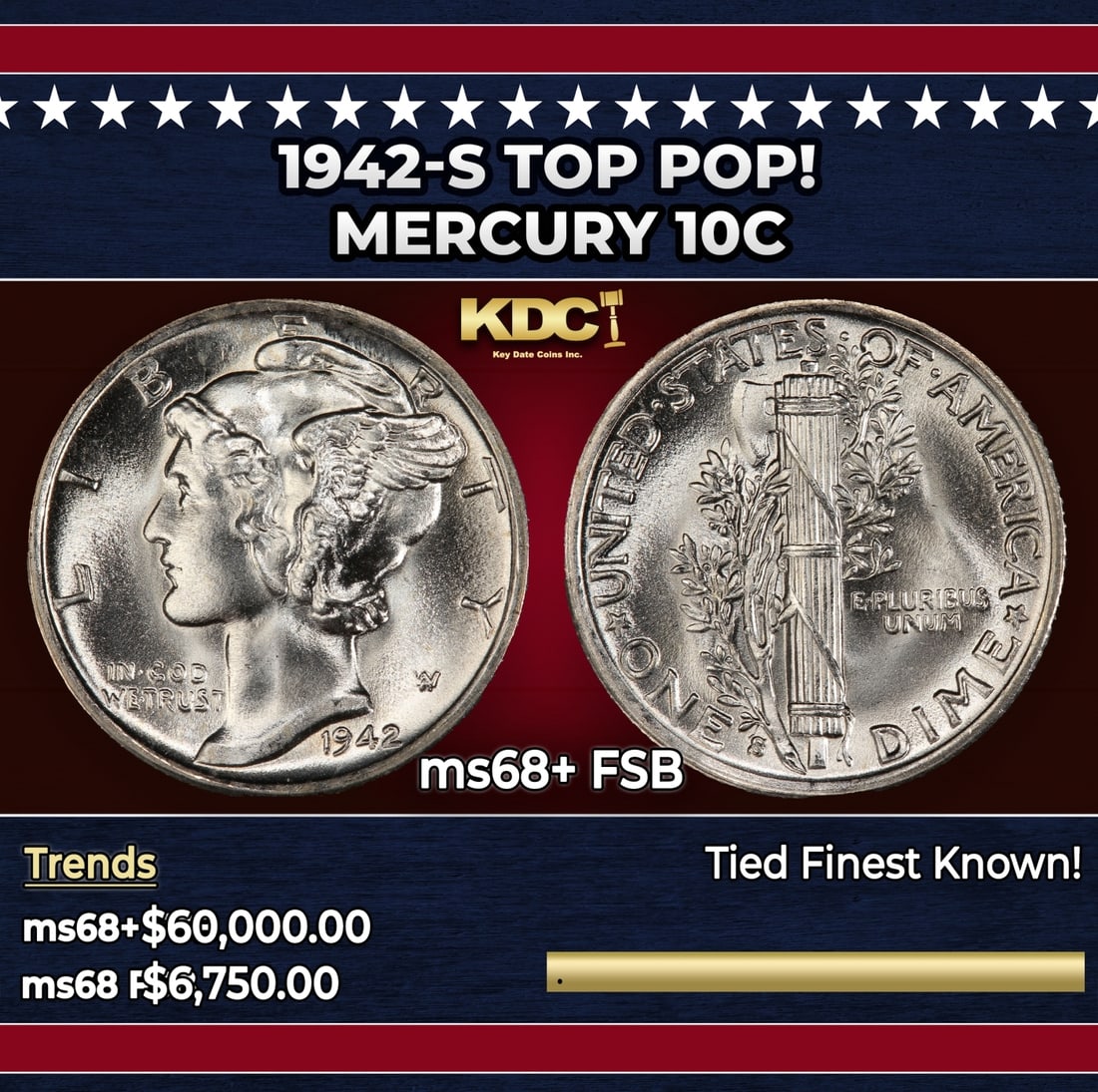 1942-s Mercury Dime TOP POP! 10c ms68+ FSB SEGS (1 of 3)