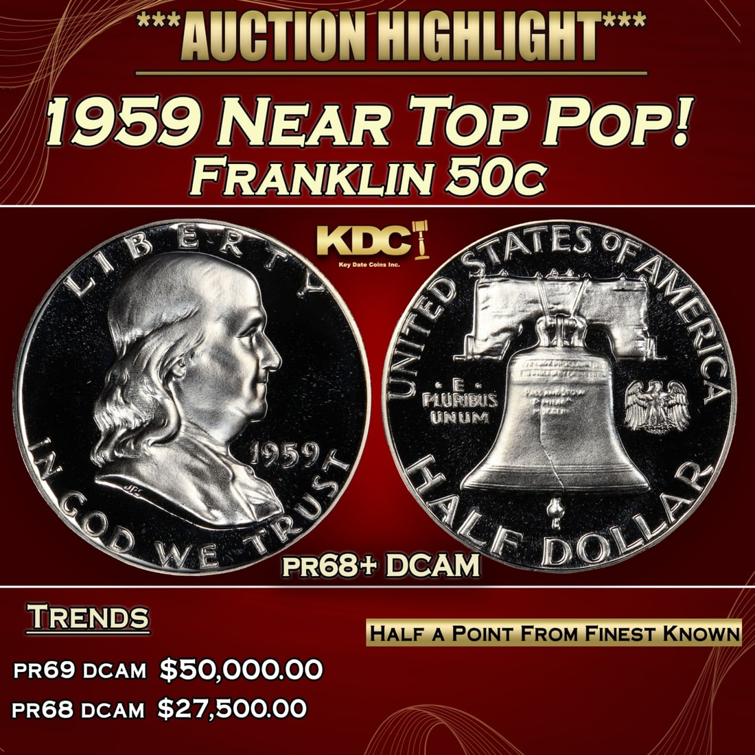1959 Proof Franklin Half Dollar Near Top Pop! 50c pr68+ DCAM SEGS (1 of 3)