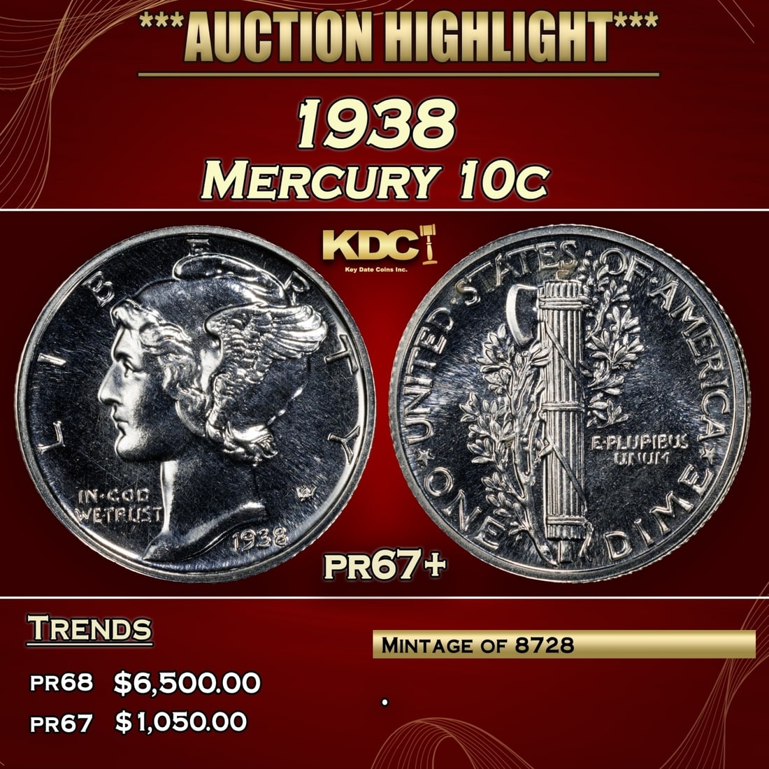 1938 Proof Mercury Dime 10c pr67+ SEGS (1 of 3)