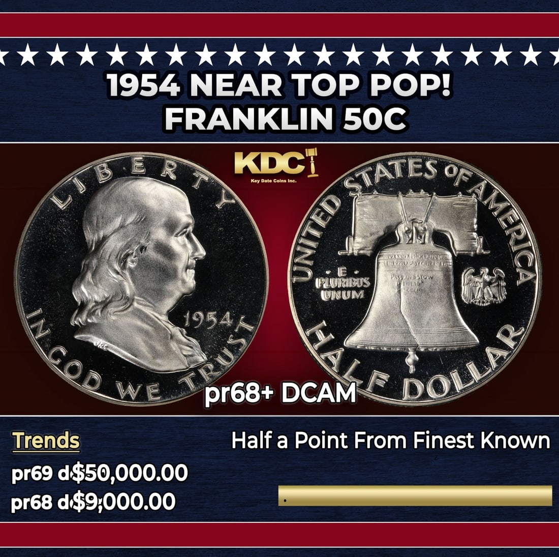 1954 Proof Franklin Half Dollar Near Top Pop! 50c pr68+ DCAM SEGS (1 of 3)