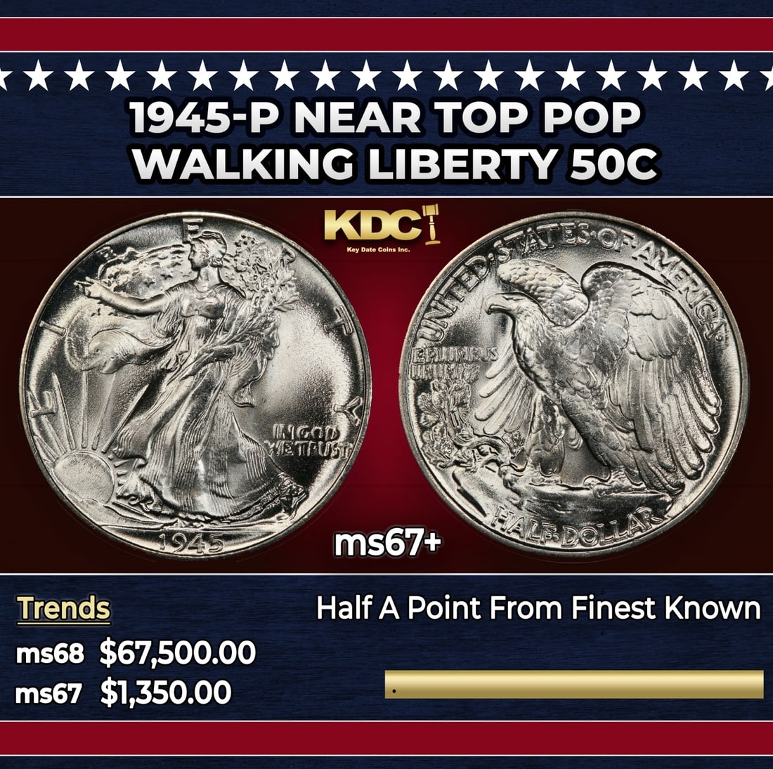 1945-p Walking Liberty Half Dollar Near Top Pop 50c ms67+ SEGS: 1945-p Near Top Pop Walking Liberty Half Dollar 50c ms67+ SEGS.