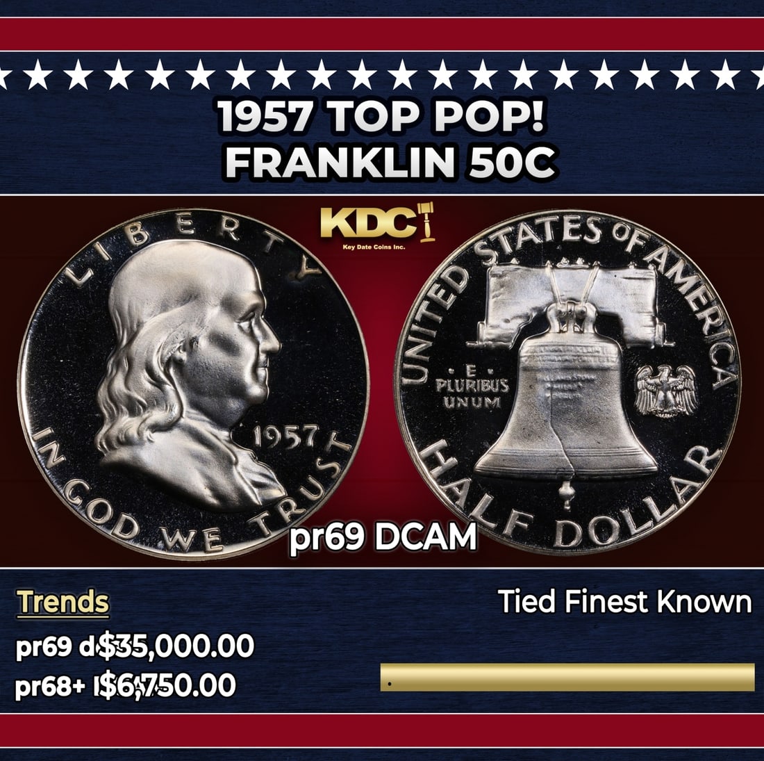 1957 Proof Franklin Half Dollar TOP POP! 50c pr69 DCAM SEGS: 1957 TOP POP! Franklin Half Dollar 50c pr69 DCAM SEGS.