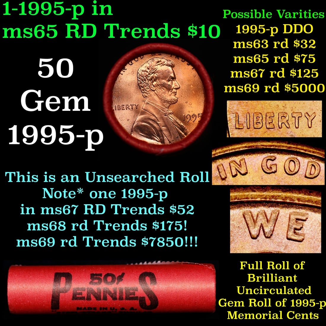 BU Shotgun Lincoln 1c roll, 1995-p 50 pcs Bank Wrapper 50c (1 of 4)