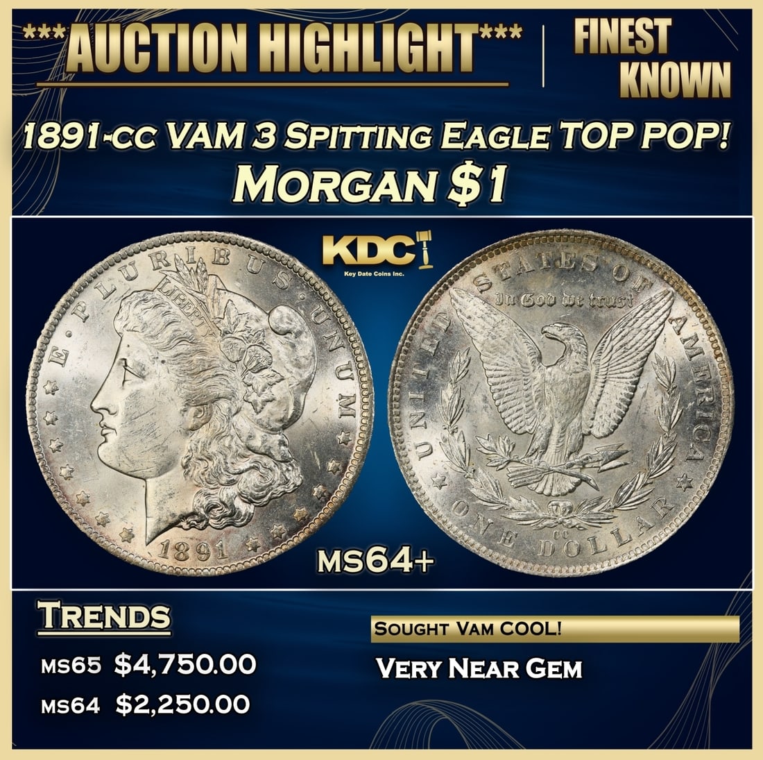 1891-cc VAM 3 Spitting Eagle Morgan Dollar TOP POP! $1 ms64+ SEGS (1 of 3)