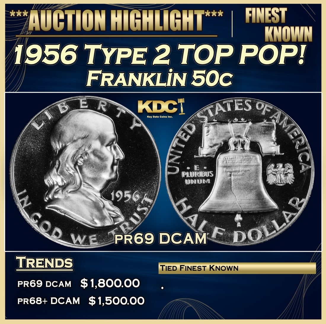 1956 Type 2 Proof Franklin Half Dollar TOP POP! 50c pr69 DCAM SEGS (1 of 3)