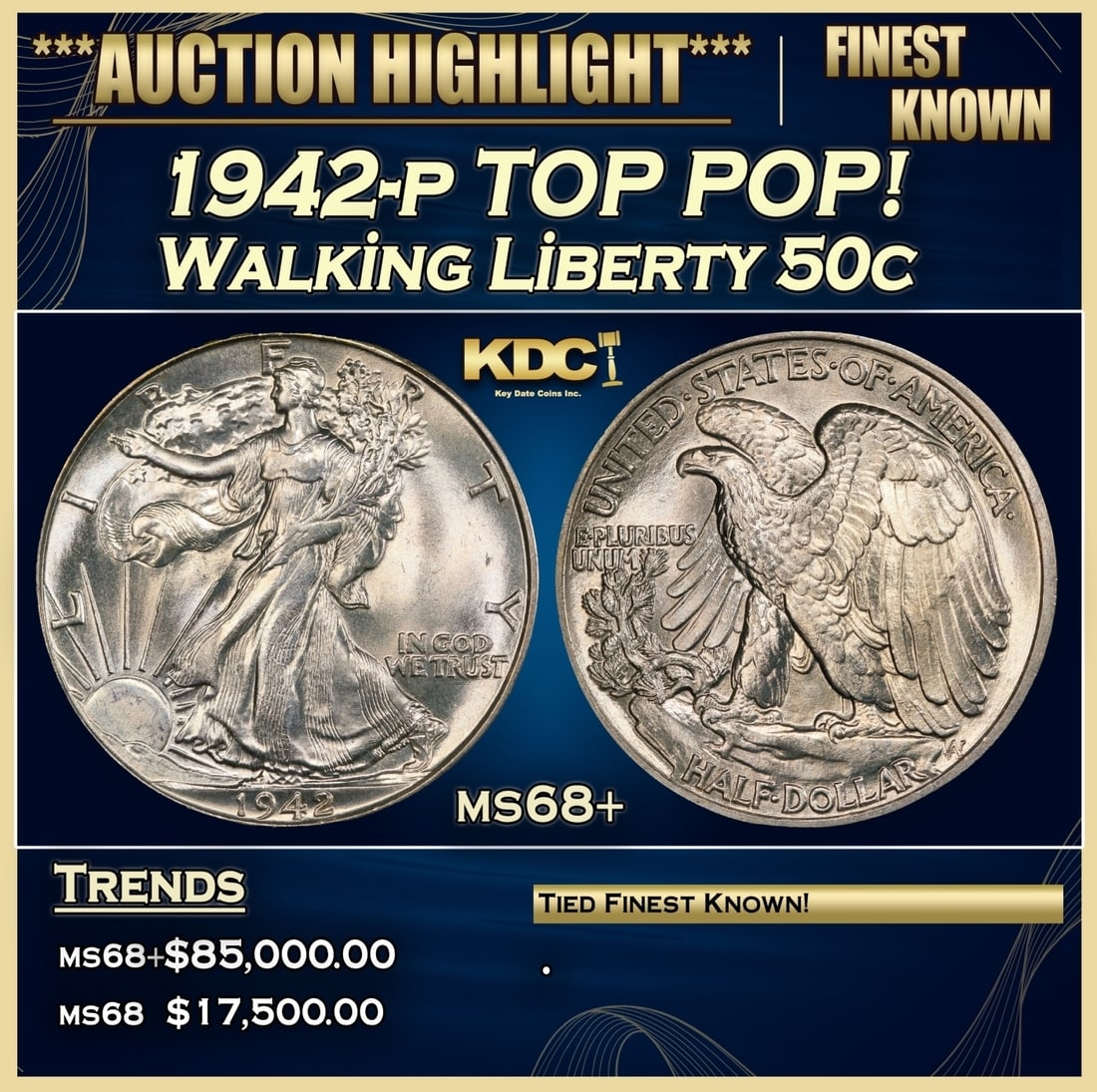 1942-p Walking Liberty Half Dollar TOP POP! 50c ms68+ SEGS (1 of 3)