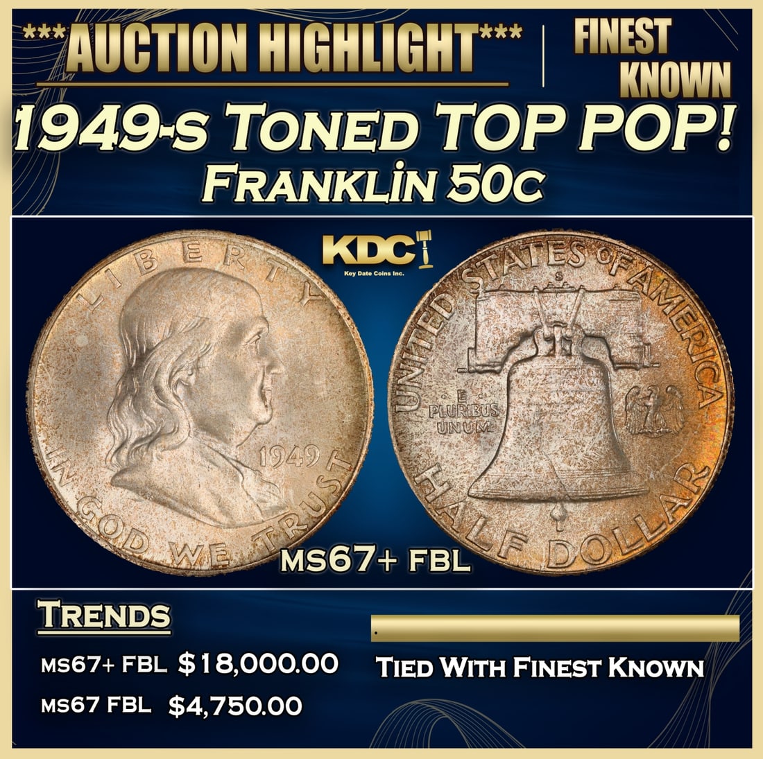 1949-s Franklin Half Dollar Toned TOP POP! 50c ms67+ fbl SEGS (1 of 3)