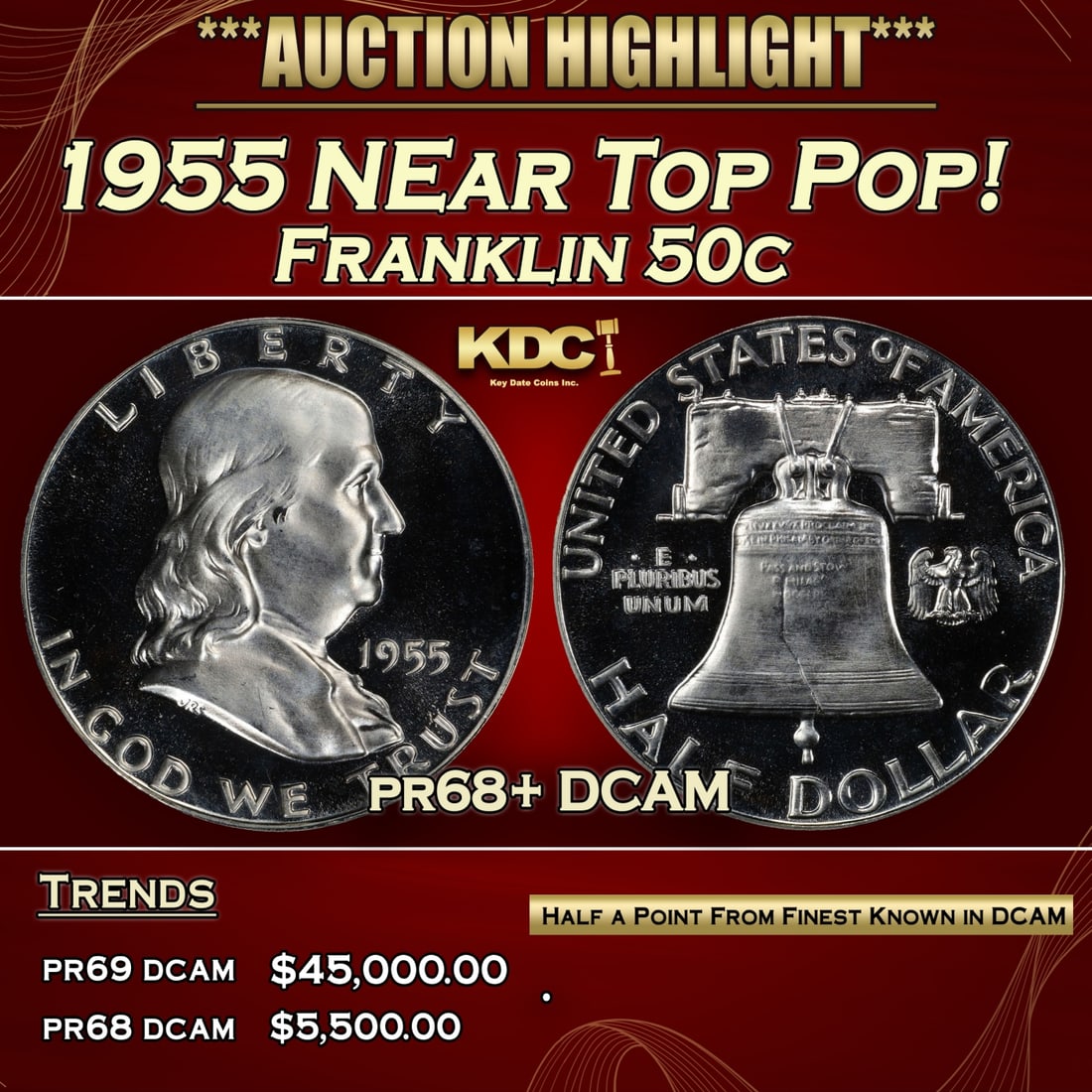 1955 Proof Franklin Half Dollar NEar Top Pop! 50c pr68+ DCAM SEGS (1 of 3)