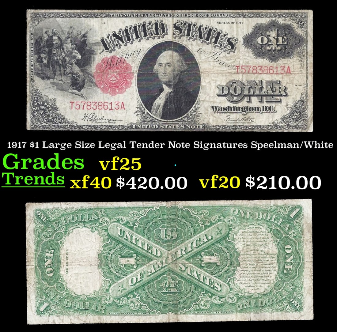 1917 $1 Large Size Legal Tender Note Grades vf+ Signatures Speelman/White (1 of 3)