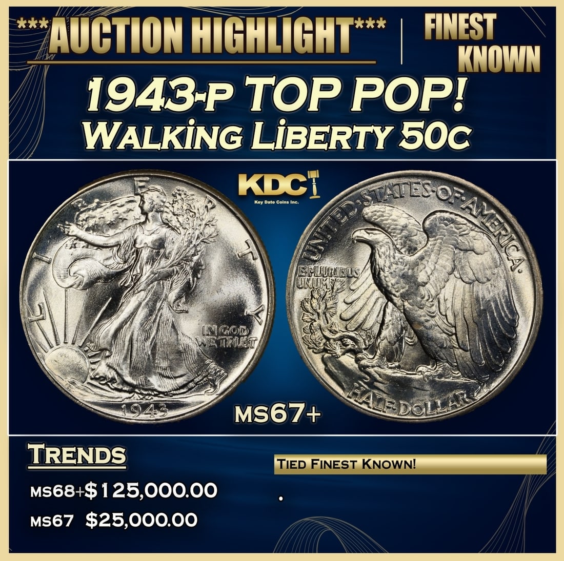 1943-p Walking Liberty Half Dollar TOP POP! 50c ms67+ SEGS (1 of 3)