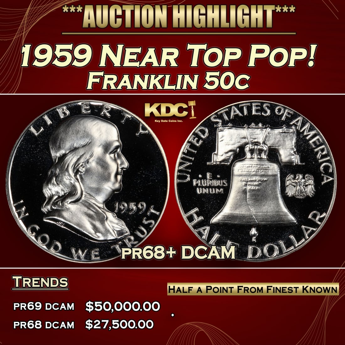 1959 Proof Franklin Half Dollar Near Top Pop! 50c pr68+ DCAM SEGS (1 of 3)