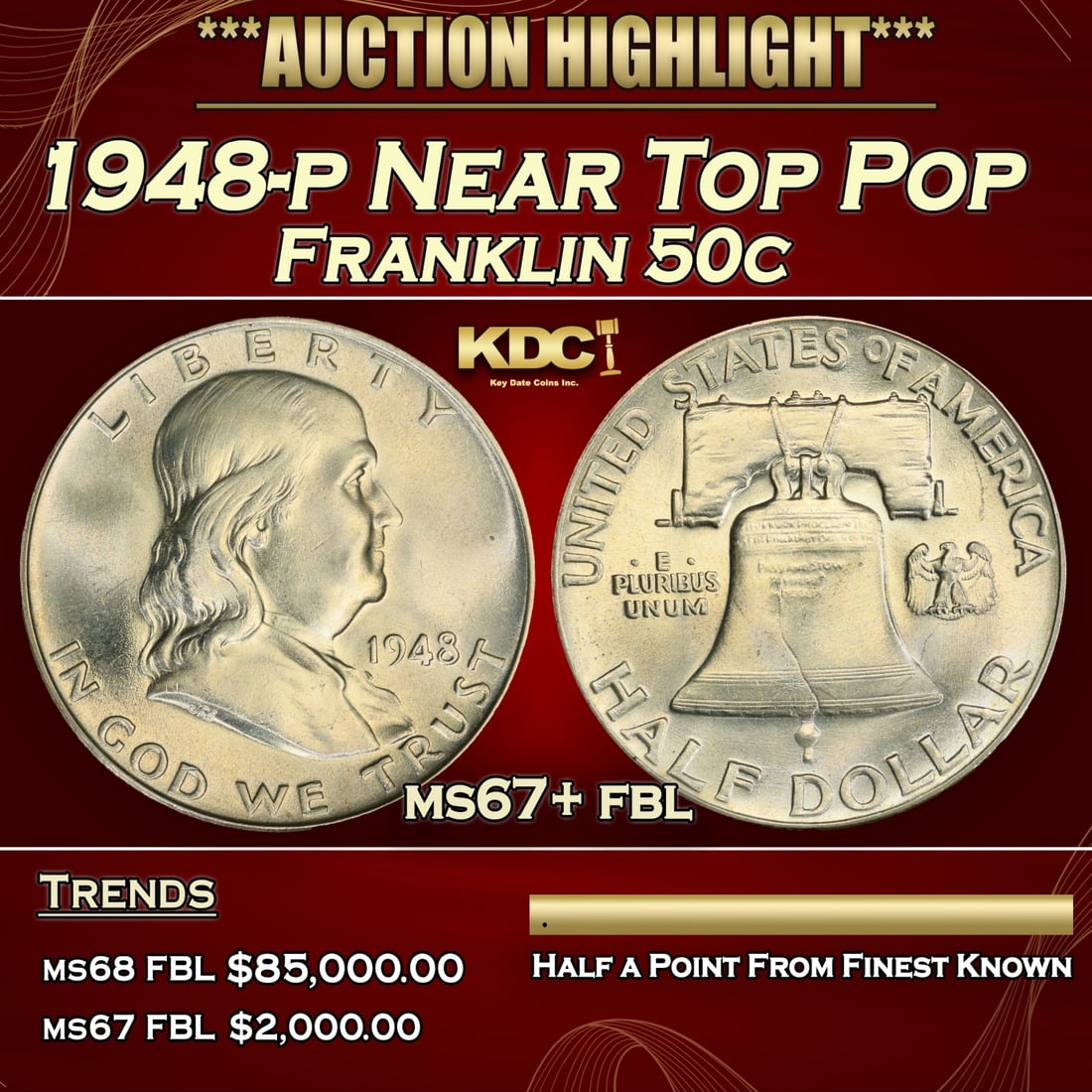 1948-p Franklin Half Dollar Near Top Pop 50c ms67+ fbl SEGS (1 of 3)