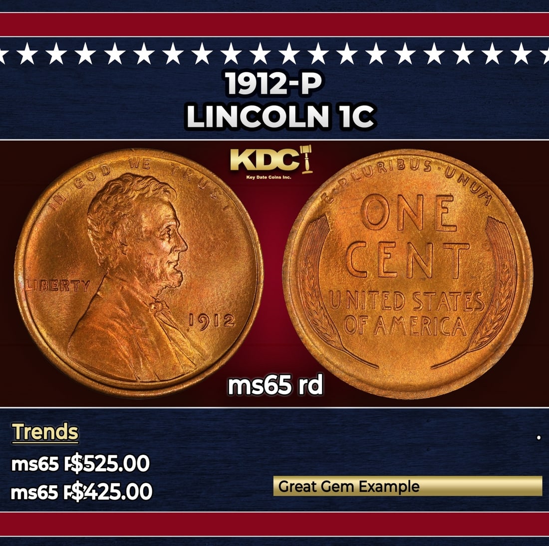 1912-p Lincoln Cent 1c Grades ms65 rd (1 of 3)