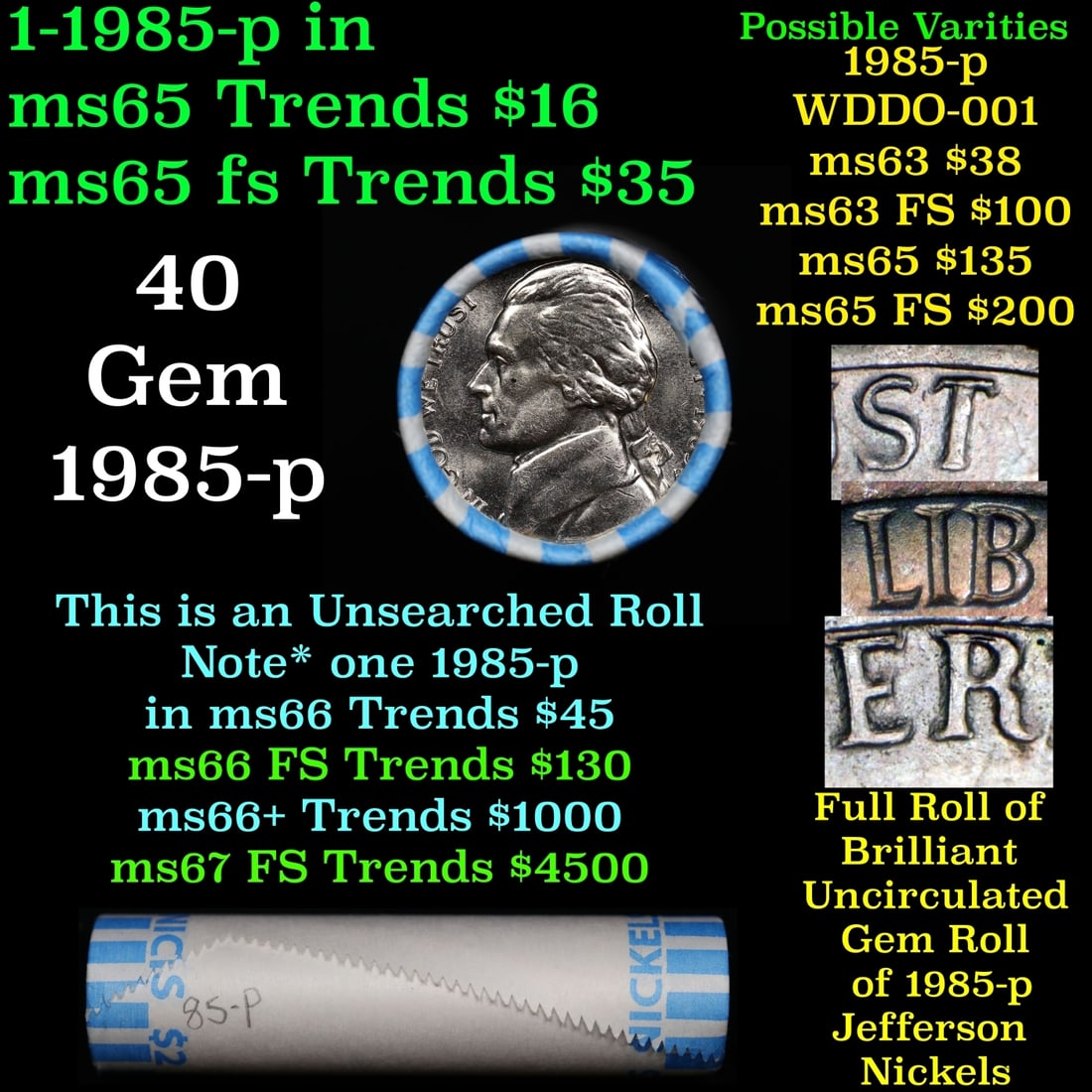BU Shotgun Jefferson 5c roll, 1985-p 40 pcs Bank $2 Nickel Wrapper: BU Shotgun Jefferson 5c roll, 1985-p 40 pcs Bank $2 Nickel Wrapper.