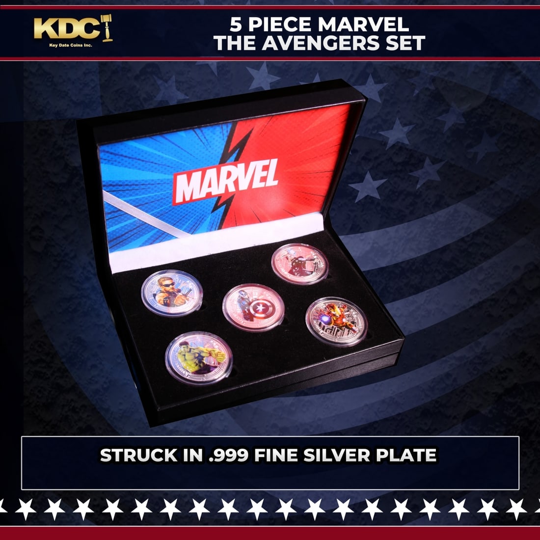 5 Coin Silver Plated Marvel Avengers Superhero Set Includes Hulk, Iron Man, Hawkeye, Thor, & Captain (1 of 2)