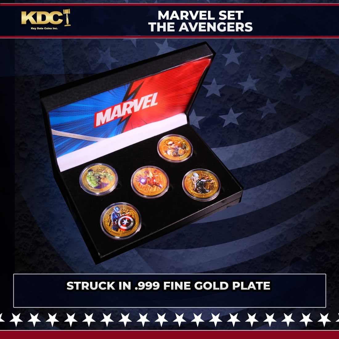 5 Coin Gold Plated Marvel Avengers Superhero Set Includes Hulk, Iron Man, Hawkeye, Thor, & Captain (1 of 2)