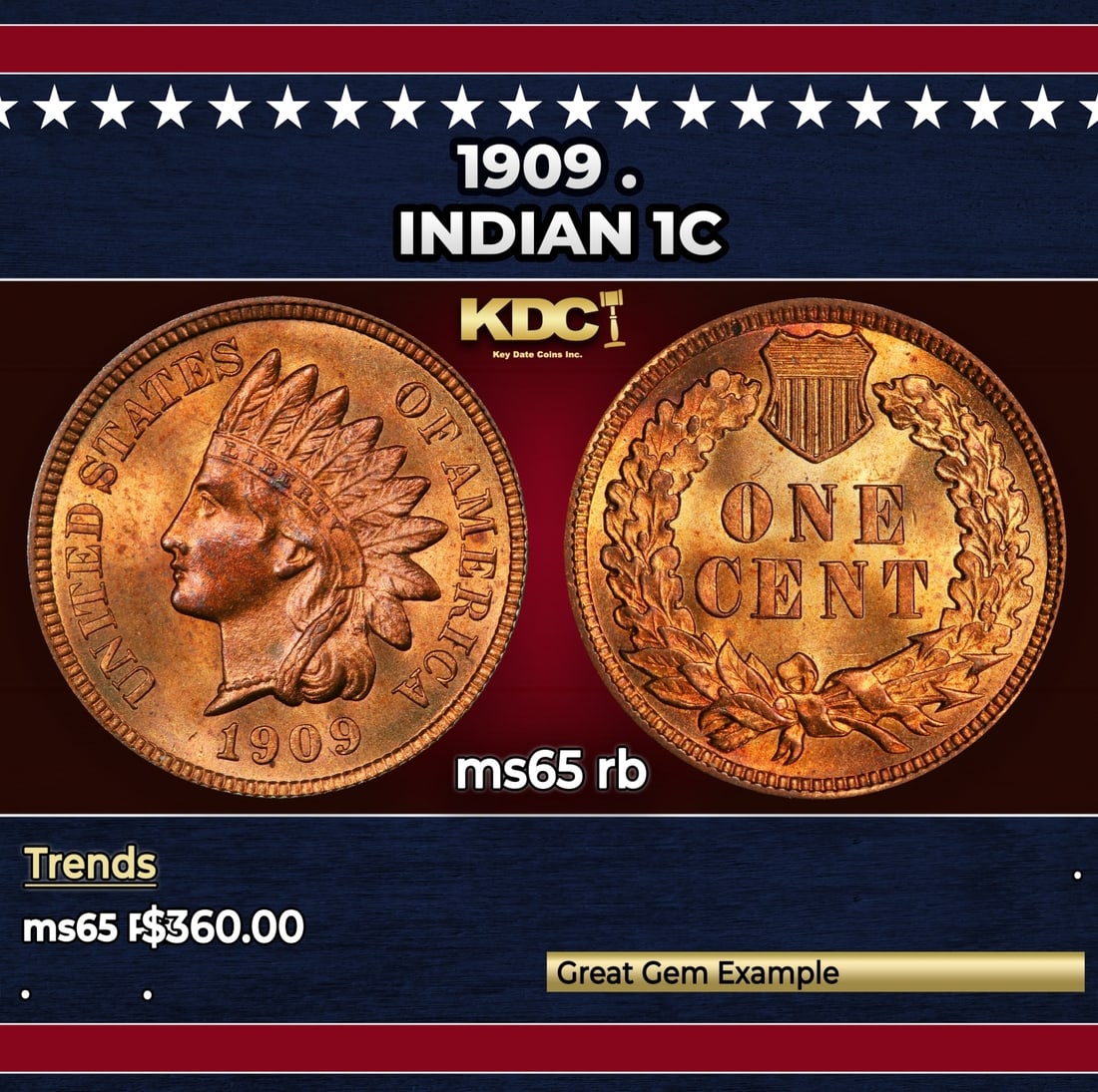 1909 Indian Cent . 1c Grades ms65 rb (1 of 3)