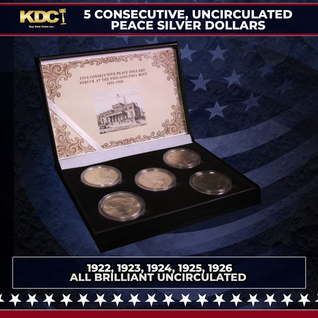 5x Coin Consecutive Peace Dollar Set 1922-1926-p ALL UNC, 5 Peace Dollars From Philly (1 of 1)