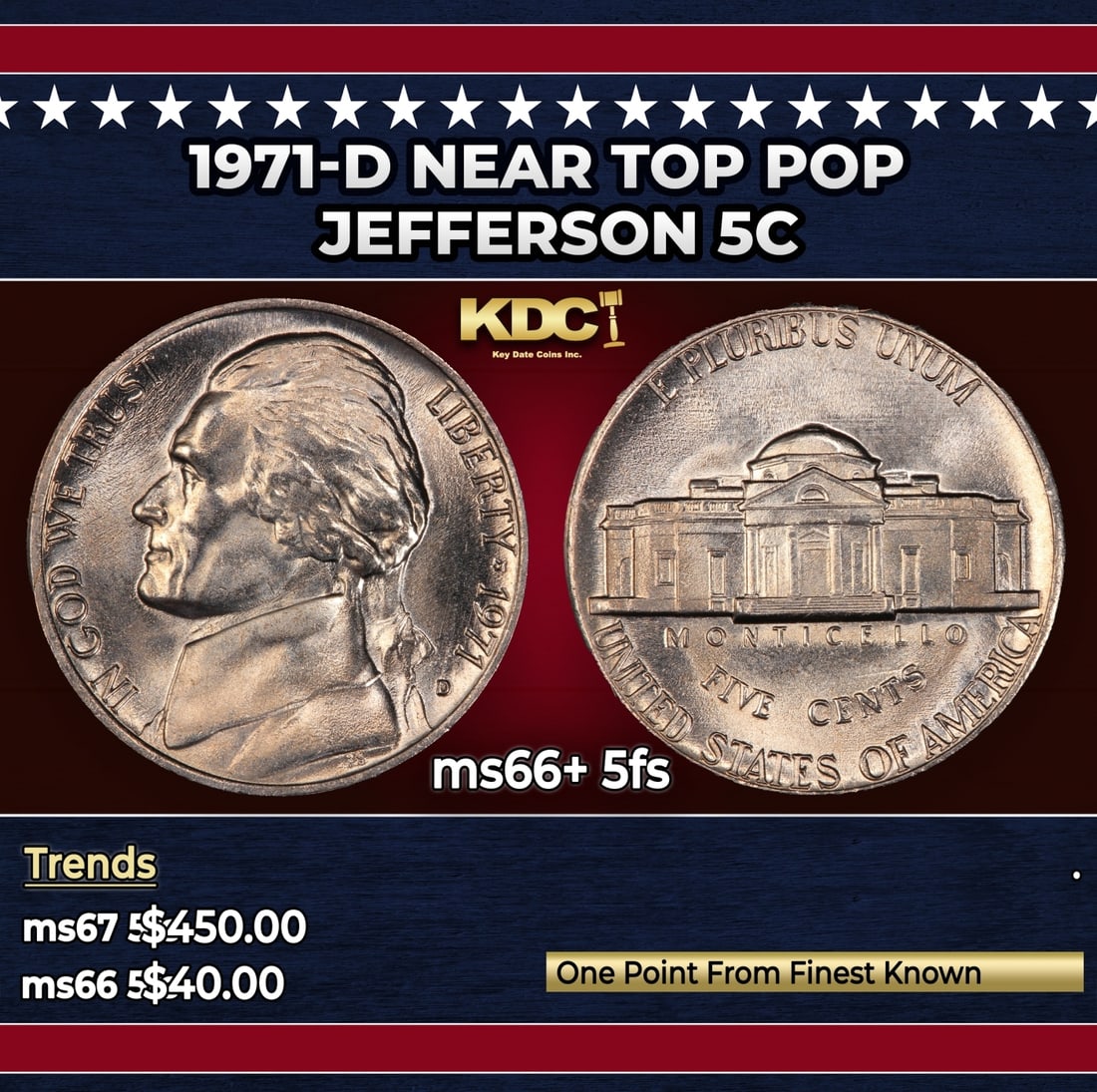 1971-d Jefferson Nickel Near Top Pop 5c ms66+ 5fs SEGS: 1971-d Near Top Pop Jefferson Nickel 5c ms66+ 5fs SEGS.