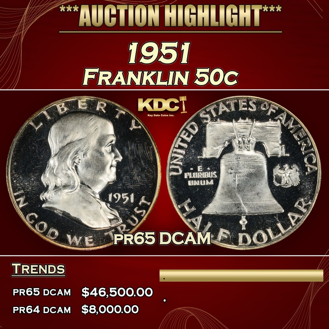 1951 Proof Franklin Half Dollar 50c pr65 DCAM SEGS (1 of 3)