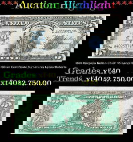 1899 $5 Large Size Silver Certificate Oncpapa Indian Chief Grades xf40 Signatures Lyons/Roberts (1 of 3)