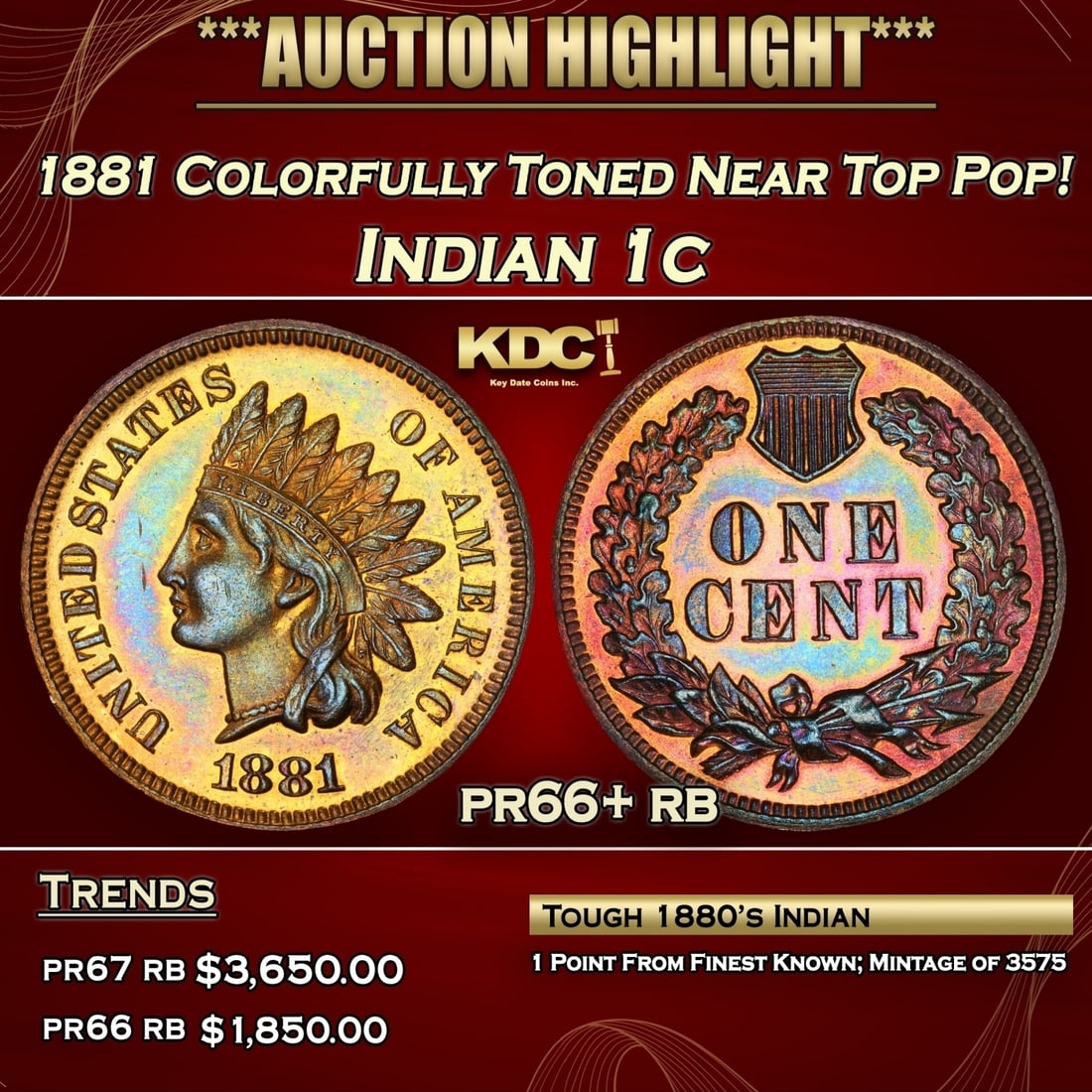 1881 Proof Indian Cent Colorfully Toned Near Top Pop! 1c pr66+ rb SEGS (1 of 3)