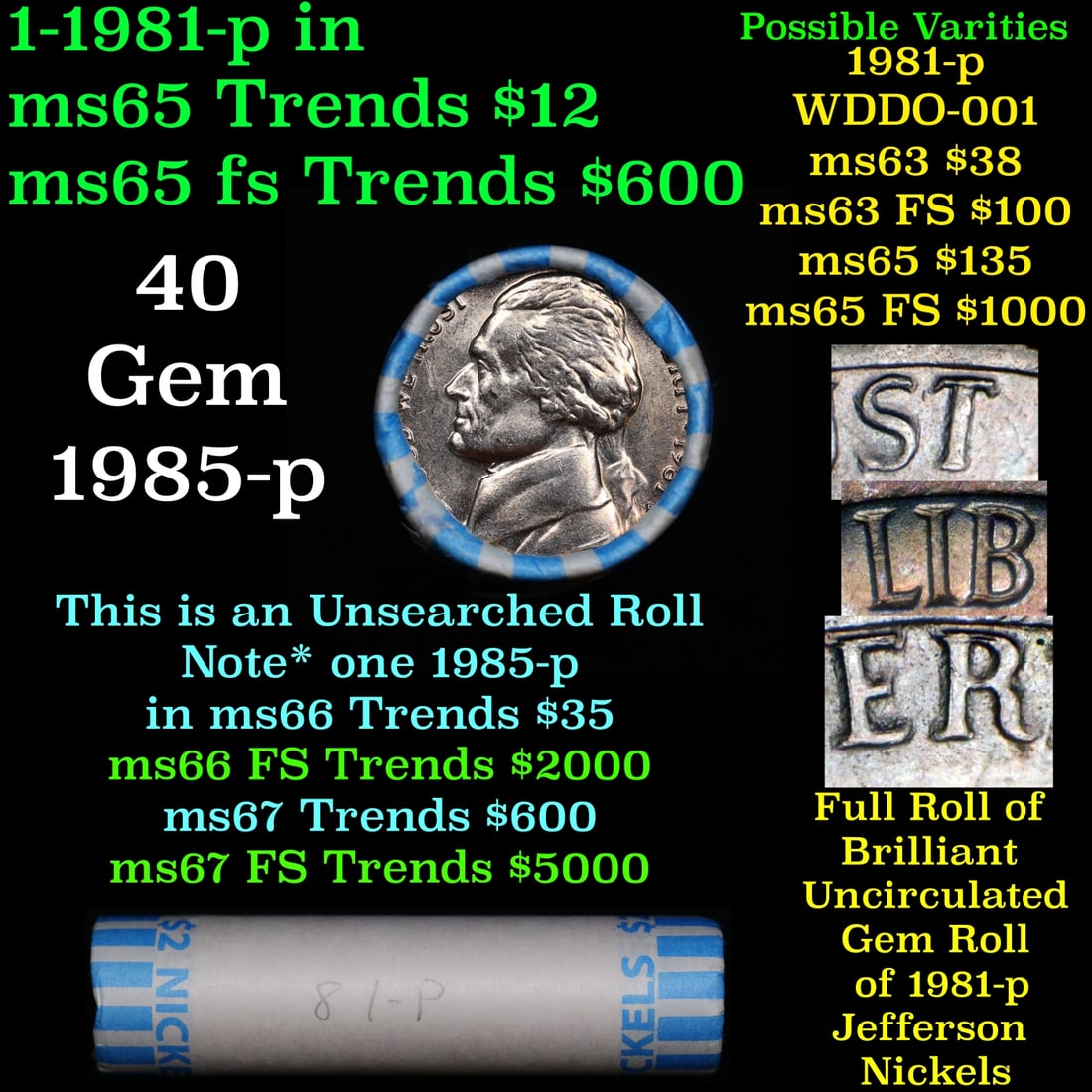 BU Shotgun Jefferson 5c roll, 1981-p 40 pcs Bank $2 Nickel Wrapper: BU Shotgun Jefferson 5c roll, 1981-p 40 pcs Bank $2 Nickel Wrapper.