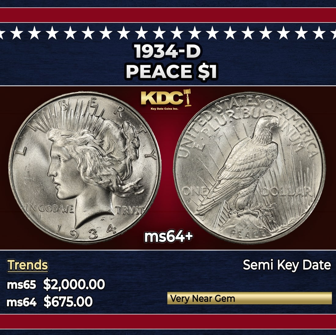 1934-d Peace Dollar $1 ms64+ SEGS (1 of 3)