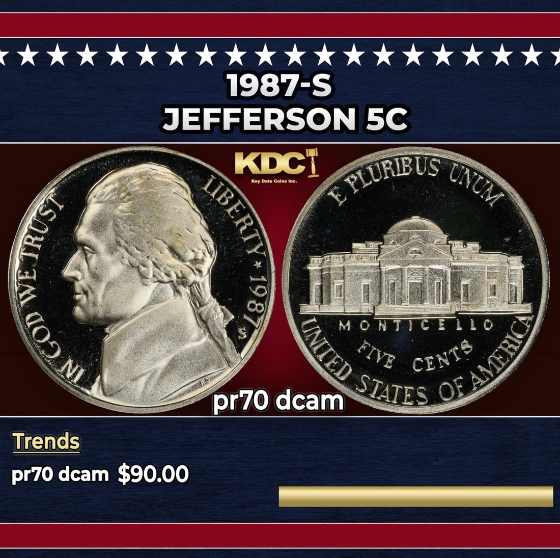 1987-s Proof Jefferson Nickel 5c pr70 dcam SEGS: 1987-s Jefferson Nickel 5c pr70 dcam SEGS.